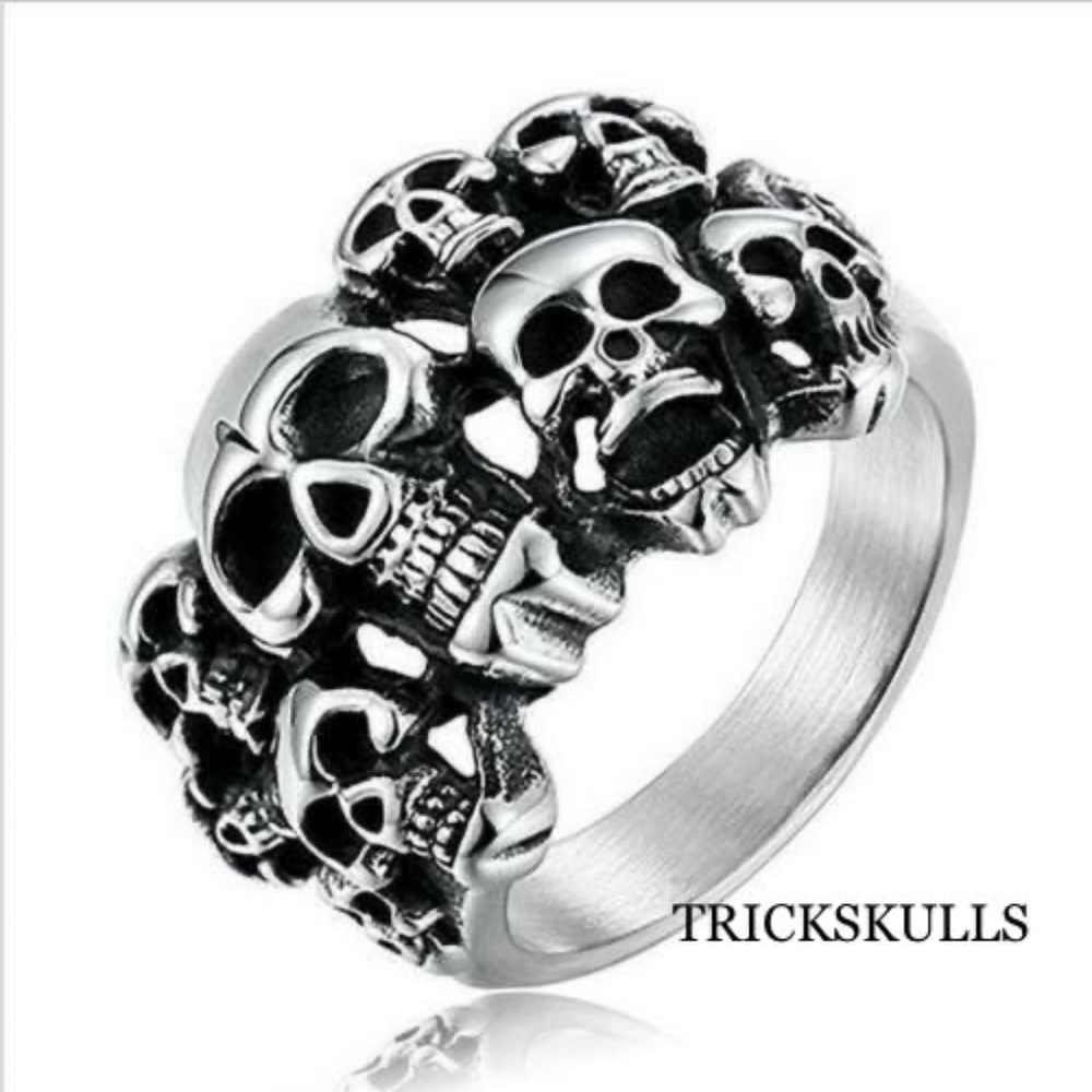 Silver Stainless Skull Faces Ring Hand Painted Modern Artisan Casting New!